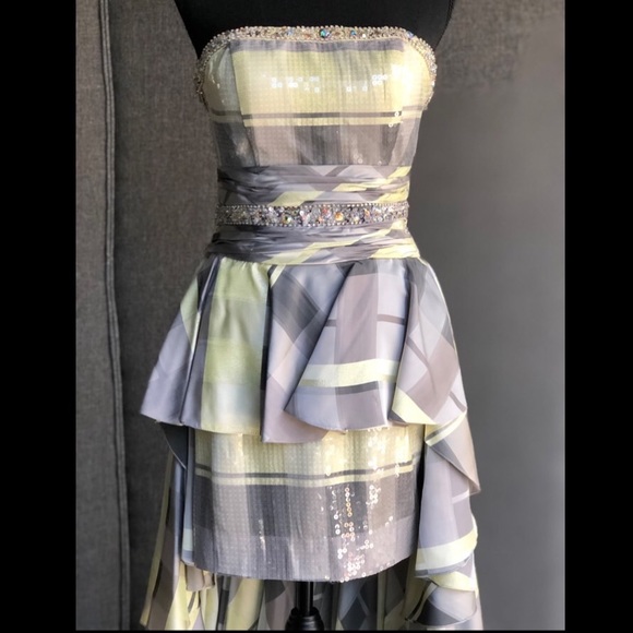 Tony Bowls Sequined Strapless Mini Dress w/ Train - Picture 2 of 8